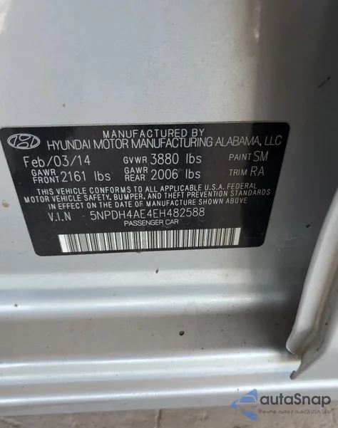 2014 Hyundai Elantra Se from USA, damaged, VIN 5NPDH4AE4EH482588